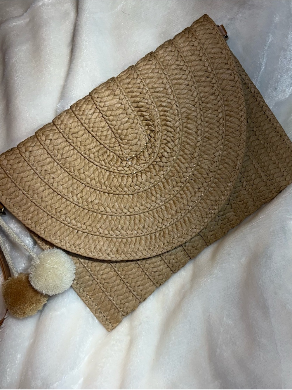 Boho Woven Straw Envelope Clutch with Pom Poms - Tan